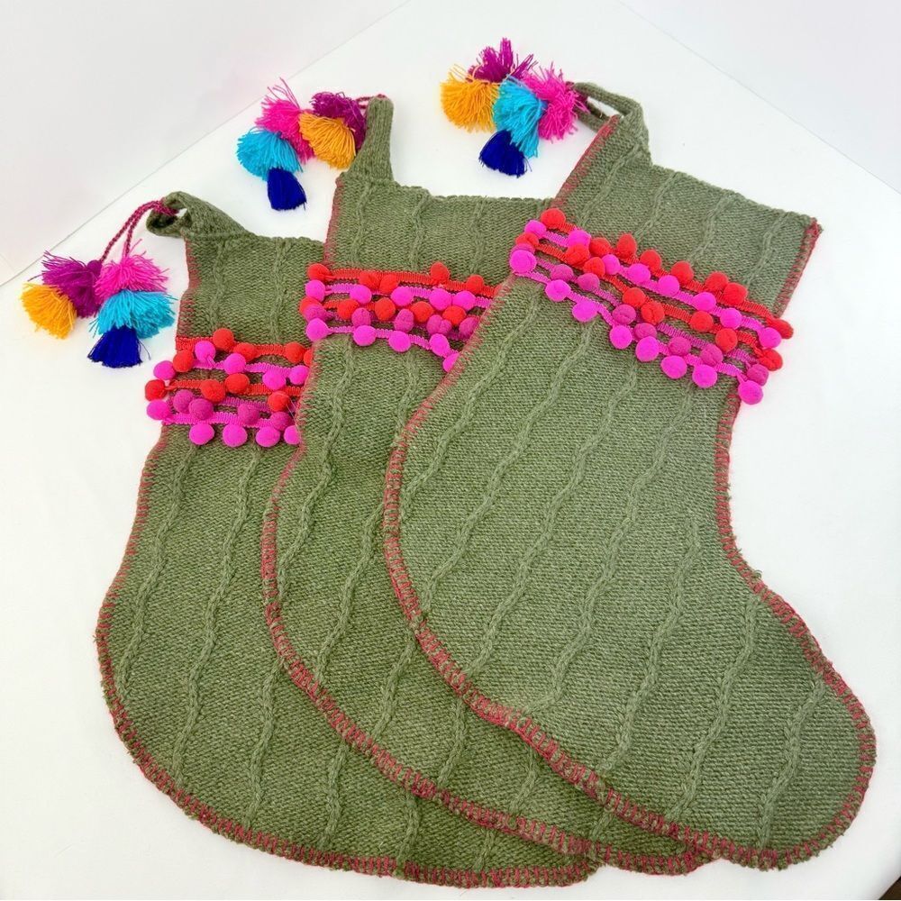 Natural Life Set of 3 Boho Christmas Stockings in Green Cable Knit PomPom Trim